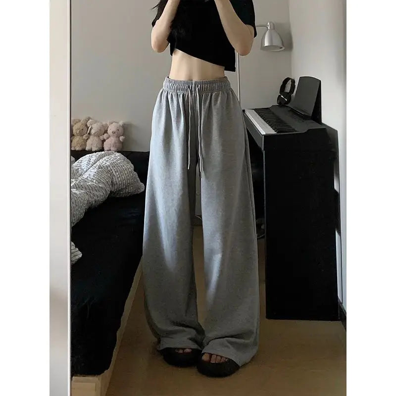 HOUZHOU Casual Grey Sweatpants Women Korean Style Wide Leg Sports Pants Harajuku Basic Oversize High Waist Black Trousers Female