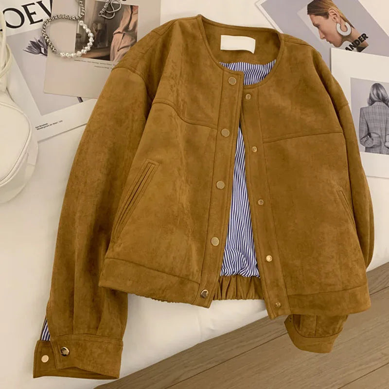 Suede Short Jacket Women Korean Camel Fashion Long Sleeve Flight Suit Harajuku Single Breasted Loose Tops Female Vintage Coats