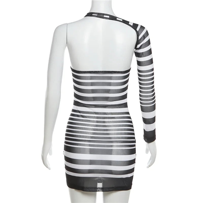 Sexy Zebra Stripes Women Dress Asymmetrical Skew Collar Backless Sheer Club Rave Partywear Summer Fashion Contrast Color Bodycon