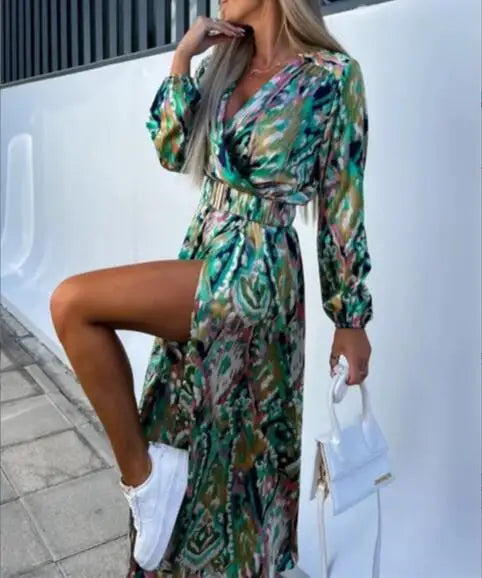 warmmeta-Boho Floral Print Long Dress Women Sexy Deep V-Neck Long Sleeve High Split Swing Dress with Belt Elegant Beach Dresses Vestidos