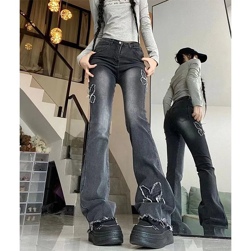 Grunge Y2K Low Rise Flare Jeans for Woman Streetwear Aesthetic Splicing Butterfly Vintage Washed Denim Trouser Pants Female