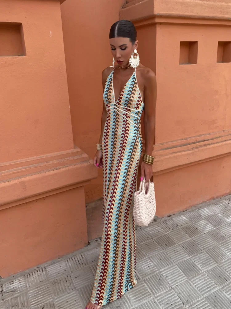 Fashion Icon Dress To impress Embroidery Print Backless Maxi Dress Women Sexy V Neck Sleeveless Slim Halter Long Robes Lady Holiday Party Vestidos