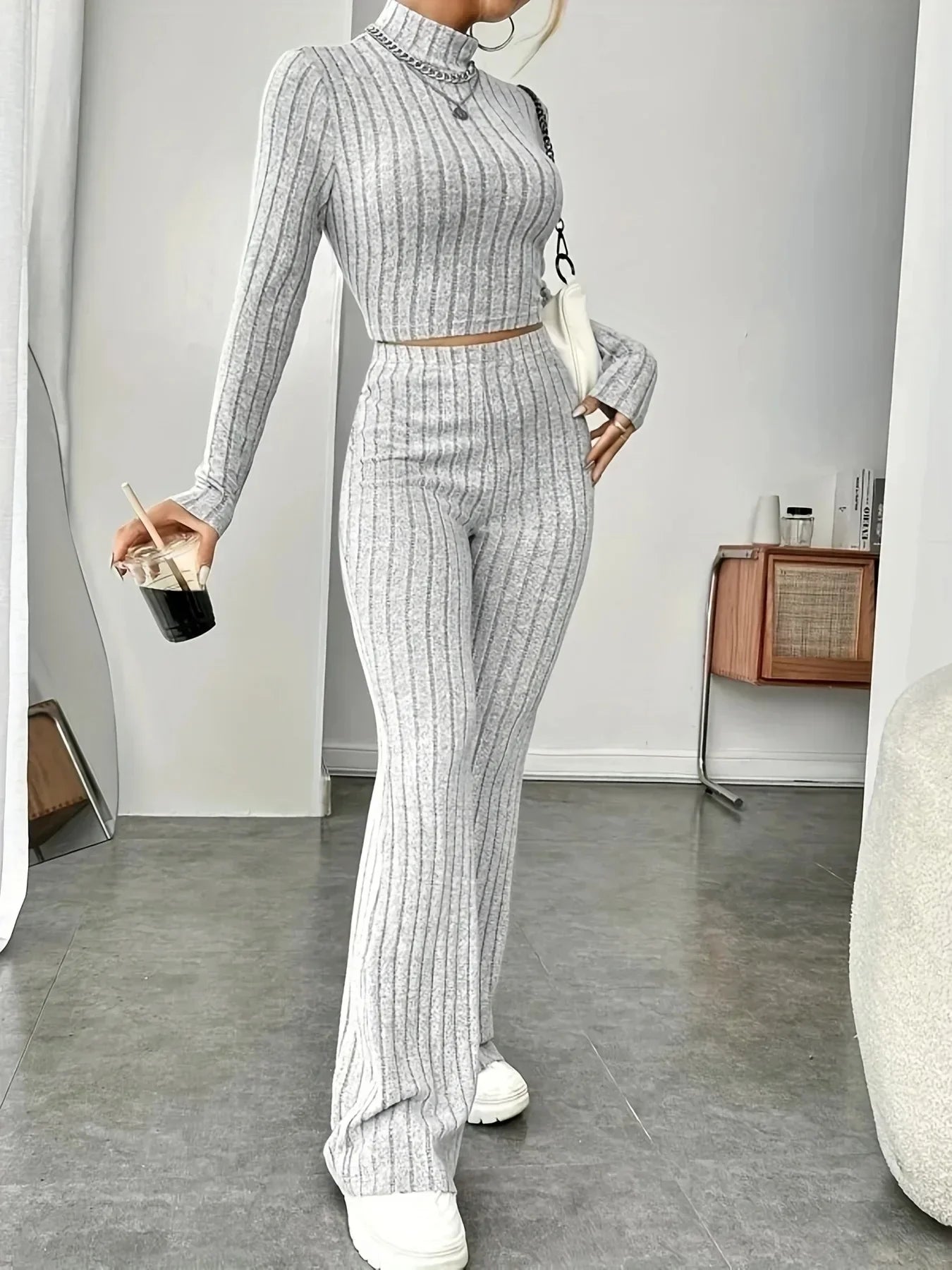 warmmeta-2024 Spring Knitted 2 Piece Sets Women Tracksuit Long Sleeve Vintage Sweater Crop Top Flare Pants Stretch Matching Suit Outfit