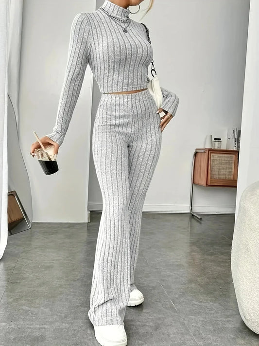 warmmeta-2024 Spring Knitted 2 Piece Sets Women Tracksuit Long Sleeve Vintage Sweater Crop Top Flare Pants Stretch Matching Suit Outfit