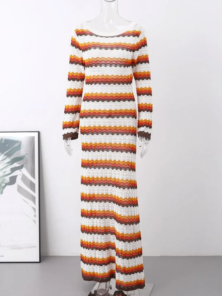 Striped Knitted Long Dress Women O-neck Backless Hollowed Out Long Sleeves Lady Bodycon Dress 2024 Spring Summer Vacation Robe