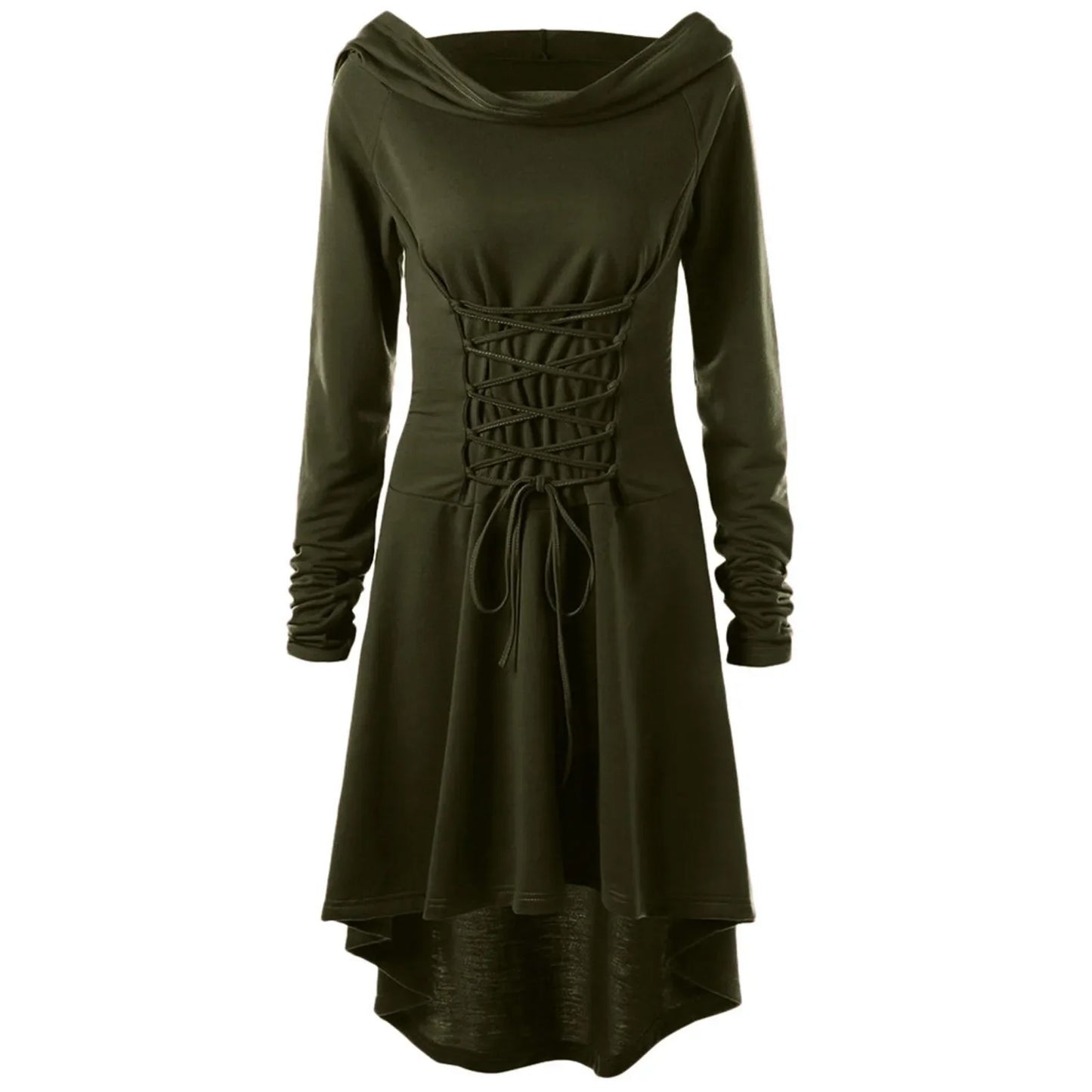 Autumn and Winter Women's Solid Color Festival Performance Dress With Long Sleeves and Hooded Lace-up Dress