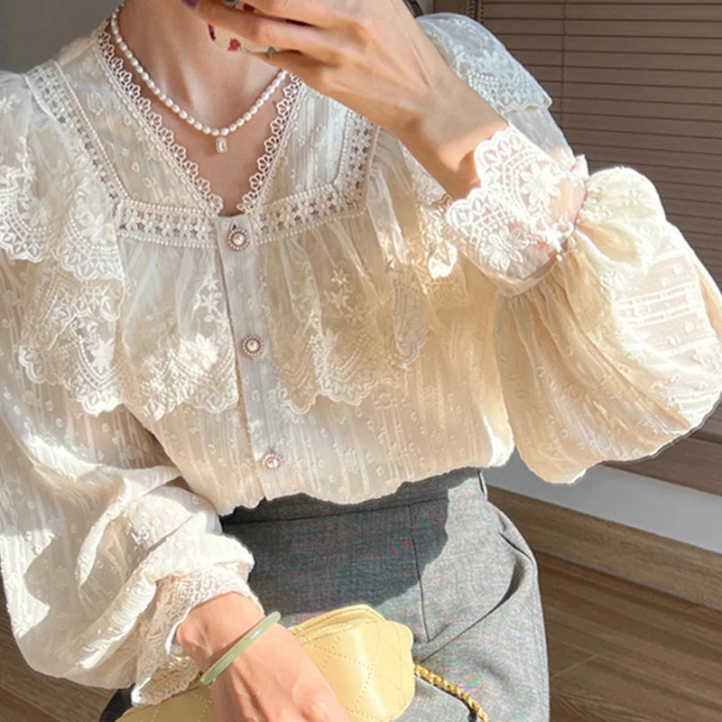 warmmeta-Vintage French Women Shirts Lace Lolita Elegant Long Sleeve Flounce Blouse High Quality Office Lady New Fashion Chic Female Tops