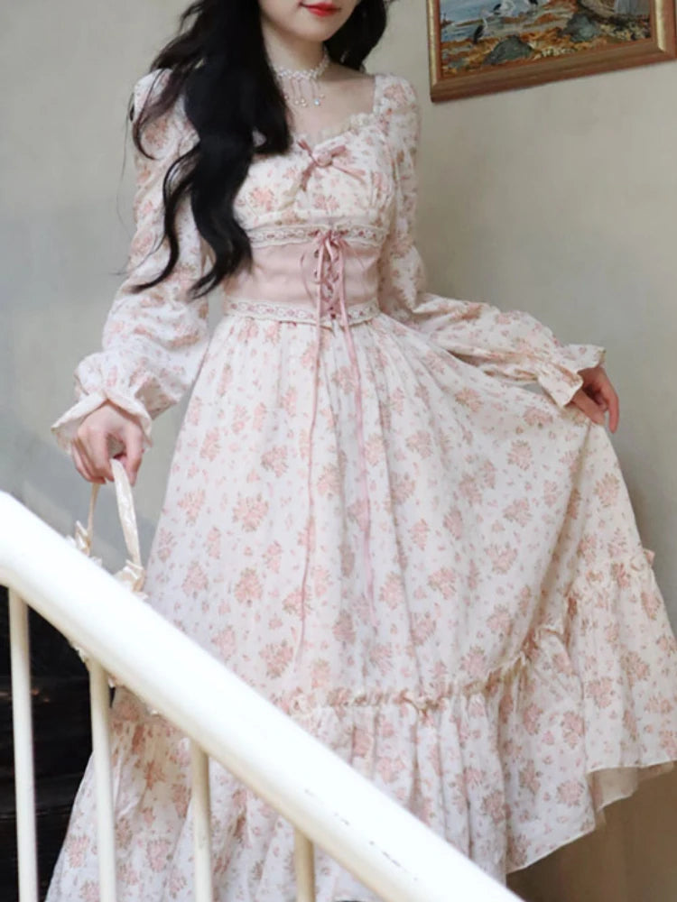 Pink Floral Elegant Dress Women Bandage Lace Print Sweet Vintage Dress Puff Sleeve Kawaii Dress Women Princess Fairy