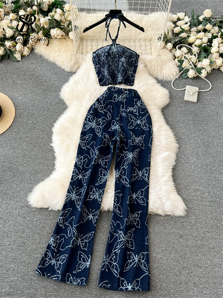 Fashion Sexy Denim Suits Halter Strapless Backless Mini Tops+High Waist Long Skinny Pants Women Summer Streetwear Sets