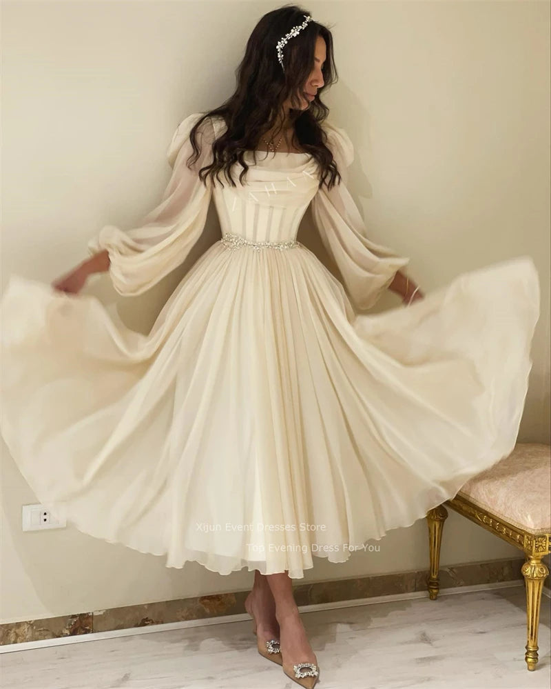 Chiffon Long Sleeves Prom Dresses Pleats Crystal Beaded Prom Gowns Formal Party Elegant Gowns Dubai Evening Dress Women