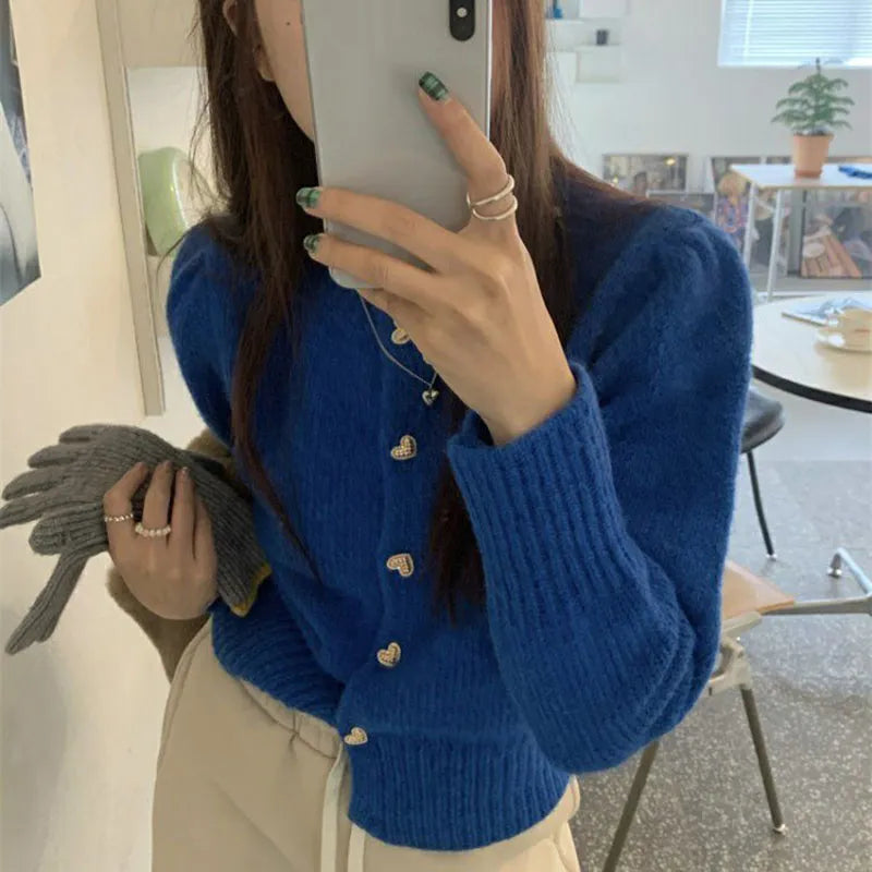 Biyaby Sweet Heart Buttons Sweater Coat Women Autumn Winter Gentle Style Solid Knitted Cardigans Woman Korean Loose Short Jacket