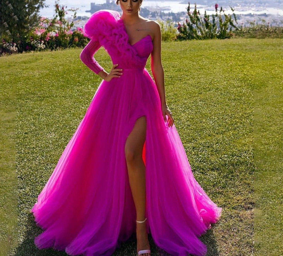 warmmeta Evening Dress Vestidos De Fiesta One Sleeve Puff robes de soirée Leg Slit prom dresses A Line Party Dress abendkleider