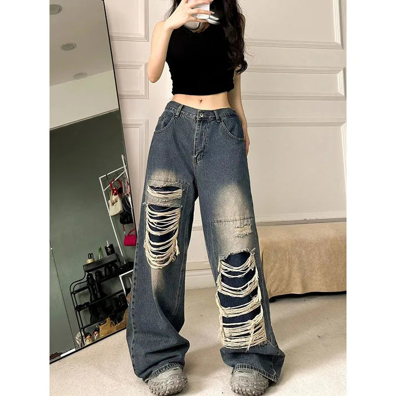 Ripped Baggy Jeans For Women 2023 Summer streetwear Fashion High Waist Boyfriend Jeans For Women Gothic Denim Pants Woman