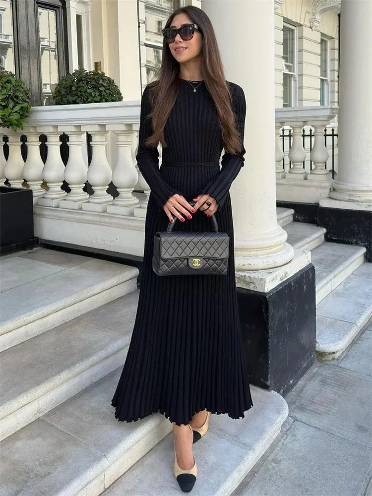 WARMMETA Lace-Up Female Knit Maxi Dress Autumn High Waist Fashion Patchwork Long Sleeve Loose Solid Dress Bandage Knitwear Dress