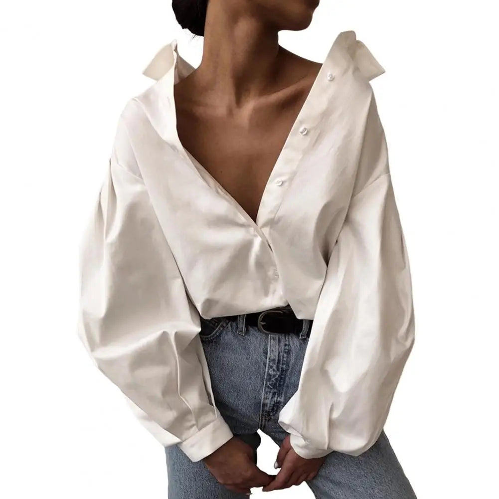 Lady Shirt Lapel Lantern Long Sleeves Lady Shirt Single-breasted Placket Solid Color Lady Loose Women Blouse Female Clothing