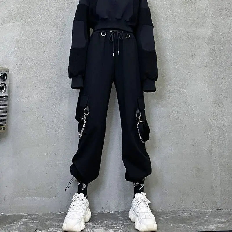 Streetwear Spring Summer Cargo Pants Women Harajuku Slim Punk Ribbons Joggers Elastic Waist Ankle-Length Trousers For Girls