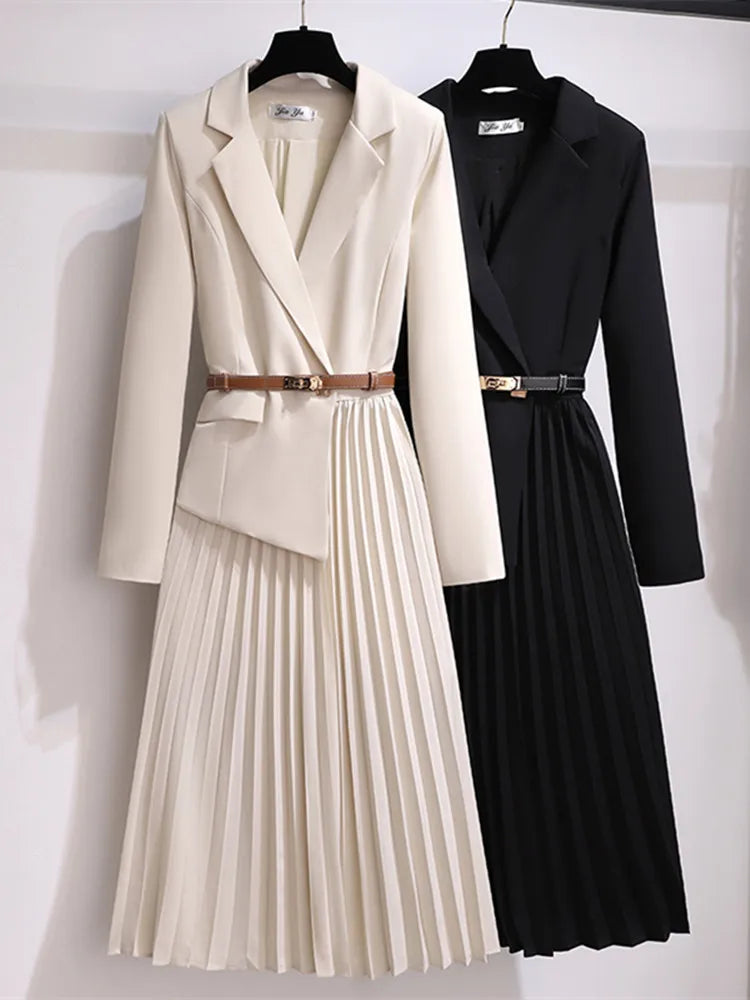 Long Dress Belt Patchwork One Piece Blazer Dress Women Elegant Office Ladies Long Sleeve Notched Female Autumn Midi Vestido