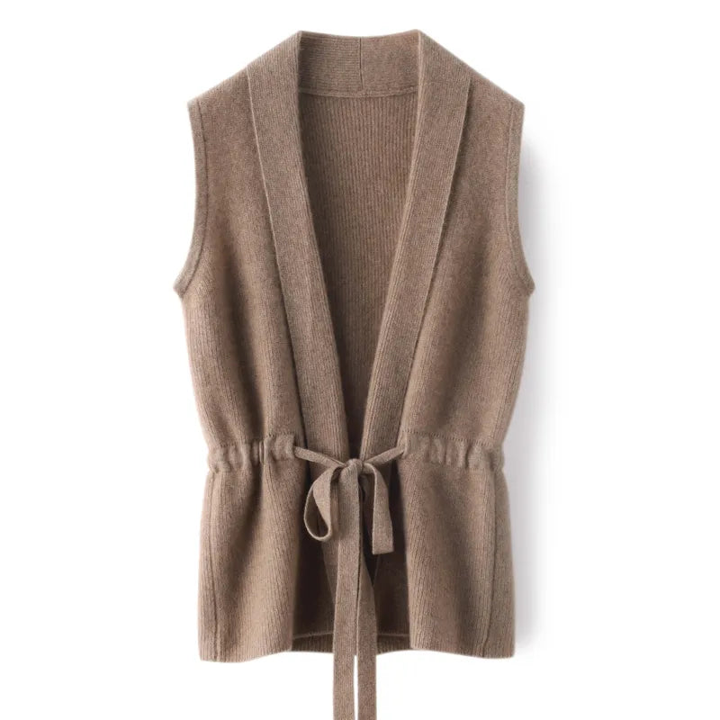 Luxury 100% Merino Wool V-Neck Tie Vest Women's Knitted Cardigan Coat Sweater 2023 Autumn/Winter Fashion Soft Comfortable Jacket