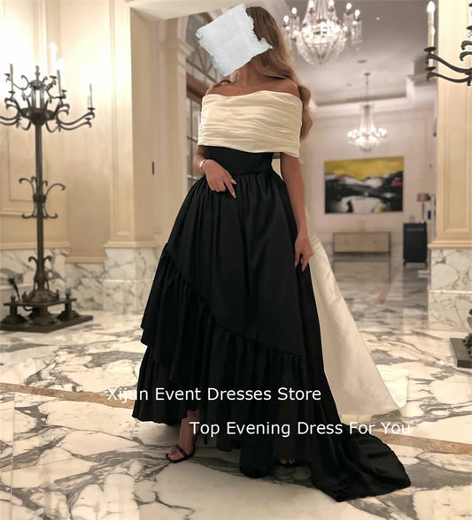 Luxury Black White Satin Formal Long Evening Dresses Detachable Sweep Train Party Gown Vestido Saudi Arabric For Women