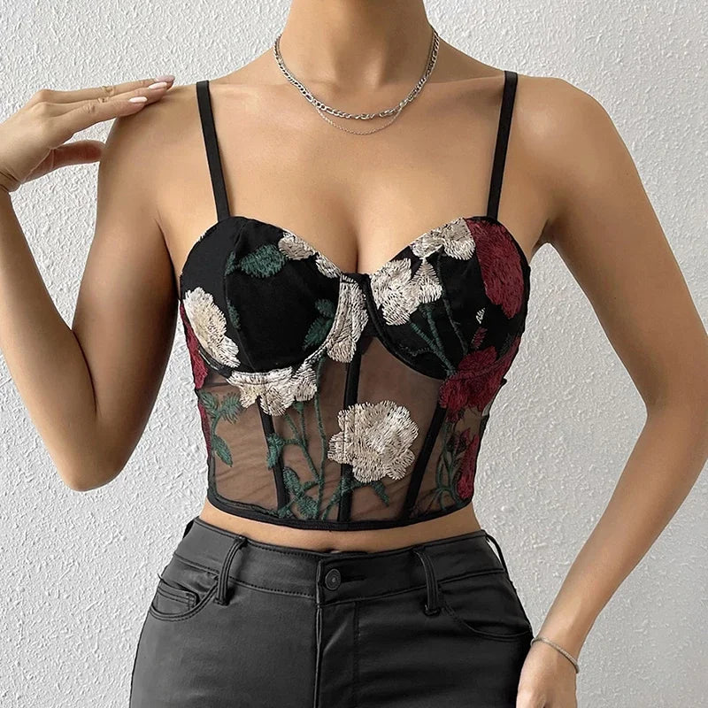 Women Mesh Hollow Out Sexy Crop Tops Flower Embroidery Sweet Tank Top Spaghetti Camis Streetwear Tube Top Spring Summer