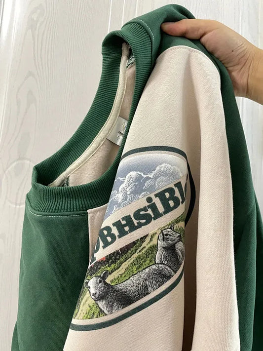 Womens Clothing Green Vintage Street Sweatshirt Hoodie Letter Printing Long Sleeves Casual Warm Oversize Baggy Ladies Tops