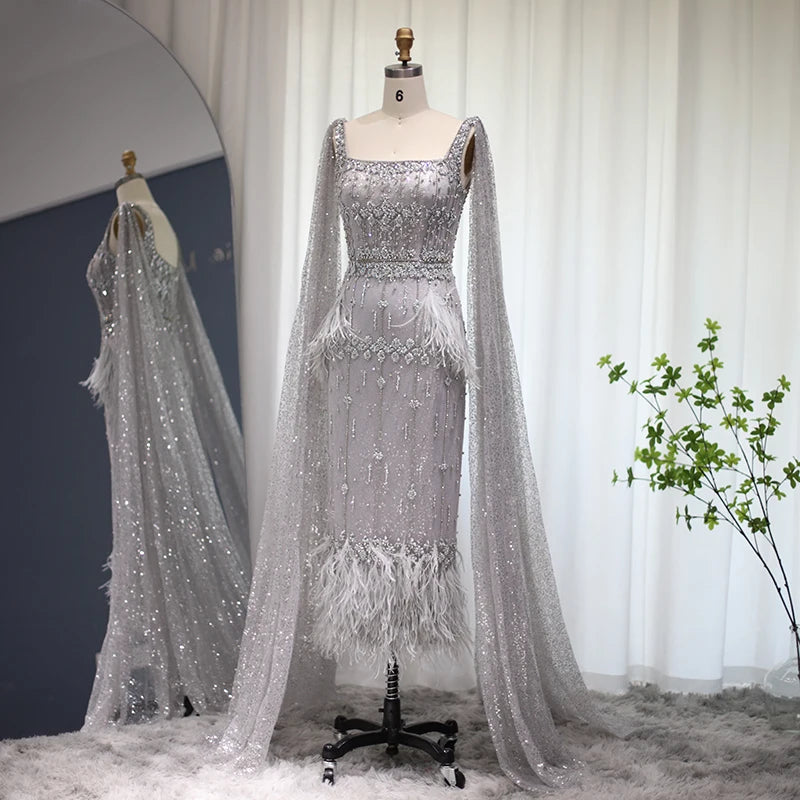 Gorgeous Prom Dress  Bling Gray Mermaid Arabic Evening Dress with Cape Luxury Feather Dubai Formal Dresses for Women Wedding Party SS279