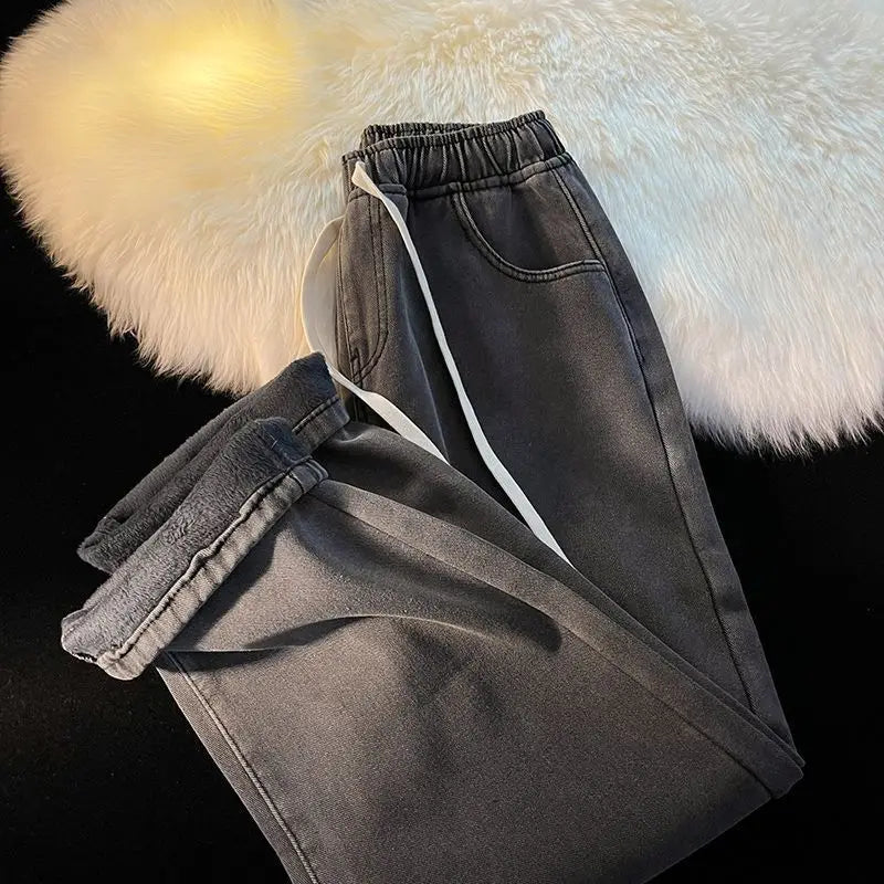 Autumn and Winter Padded and Thickened Jeans Men's Loose Straight Elastic Waist Wide-leg Trousers Casual Trousers