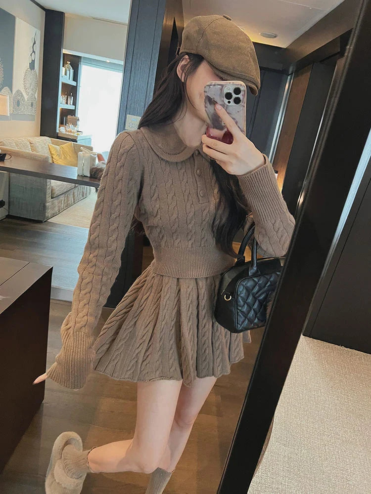 warmmeta 1 Autumn Preppy Style Knitted Clothing Suit Woman Slim Kawaii Swearter Tops Casual Y2k Mini Skirt Woman Fashion 2 Piece Set