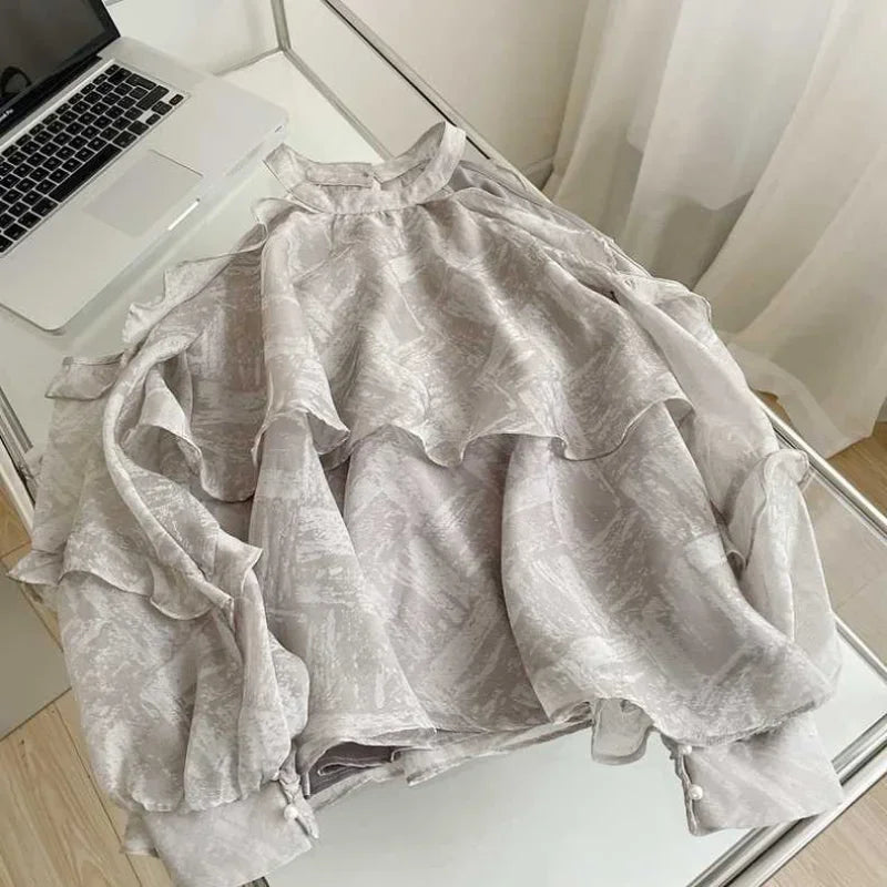 New Halter Off Shoulder Print Blouse Long Sleeve Ruffled Lazy Chiffon Ladies Tops Korean Gentle Loose Beach Shirts