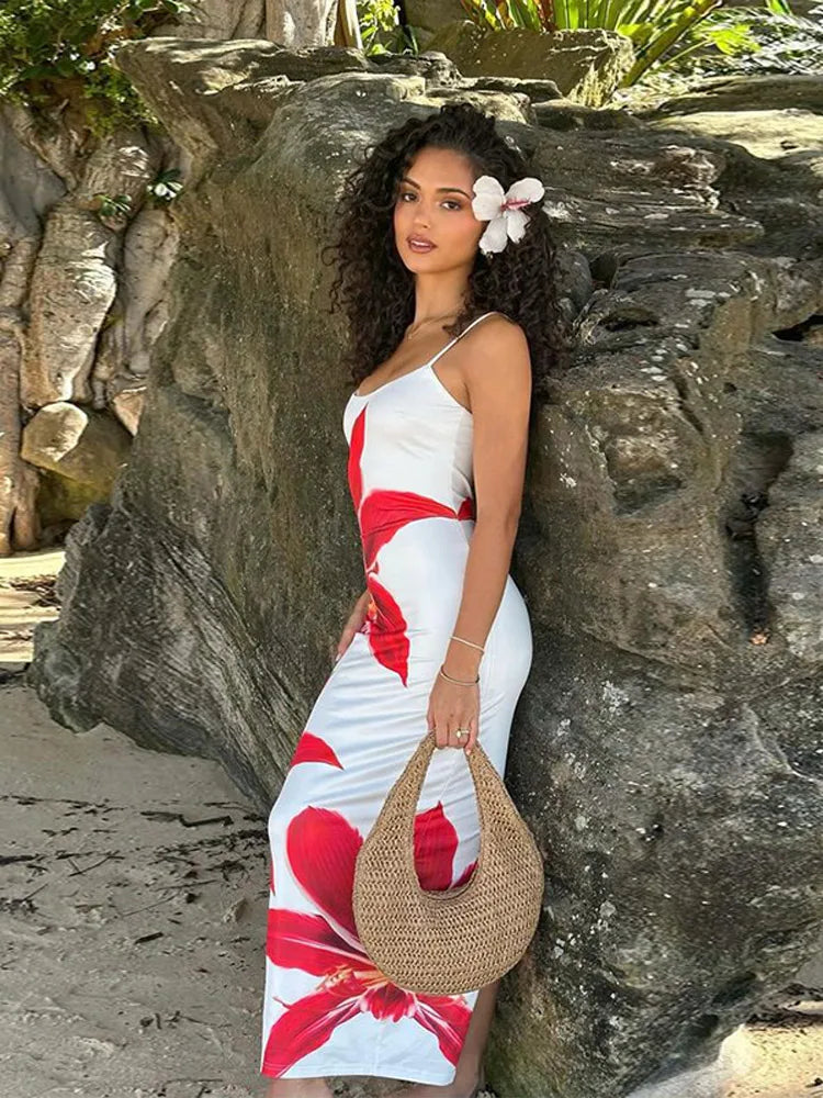 Fashion Flower Print Women's Split Maxi Dress Casual Round Neck Sleeveless Bodycon Robe 2024 Summer Lady Beach Vacation Sundress