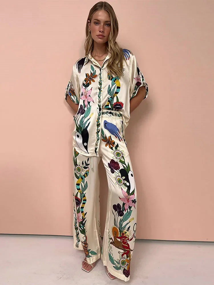 Summer Nature Printed Satin Pants Set Women Chic Lapel Collar Long Sleeved Shirts Elastic Waist Pant Suit Vacation Female Outfit