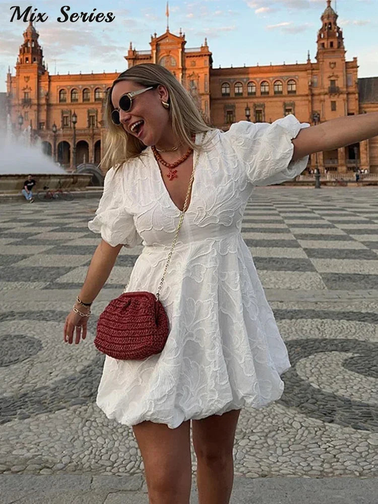 warmmeta Fluffy Short Puff Sleeve Dress Women White High Waist V-neck Mini Dresses 2024 Summer New Ladies Elegant Vestidos