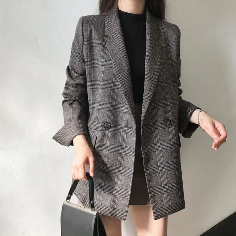 Women Winter Plaid Blazers Coats Korean Fashion Elegant Solid Thick Jacket Female Double Breasted Office Lady Long Overcoat