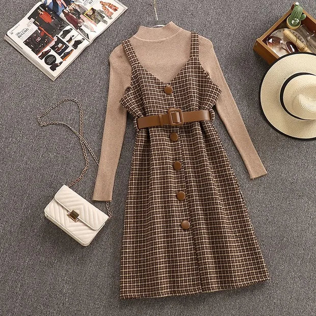 Streetwear Two Piece Dress Women Autumn Winter Sweater Wool Knee-Length Spaghetti Strap With Belt Elegant Party Vestidos