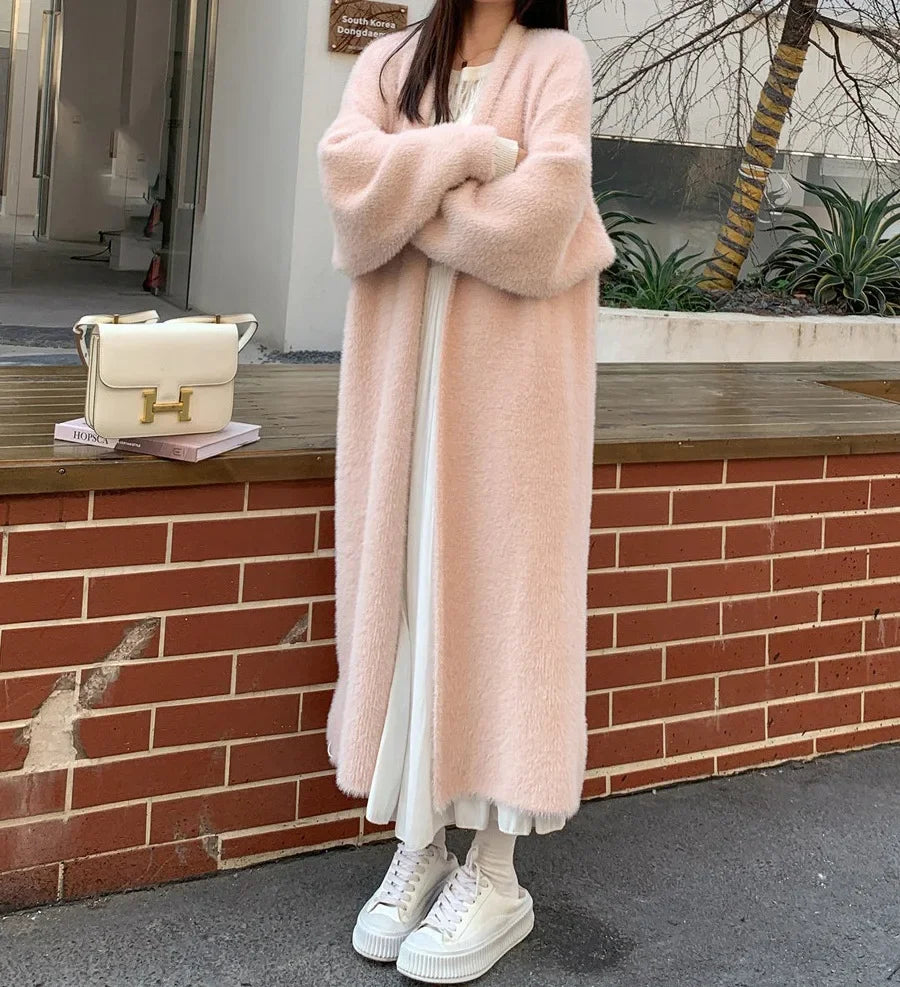 Elegant Long Knee-length Sweater Cardigan Autumn/winter New Idle Style Loose-fit Thickened Sweater Jacket Cross-border Korean