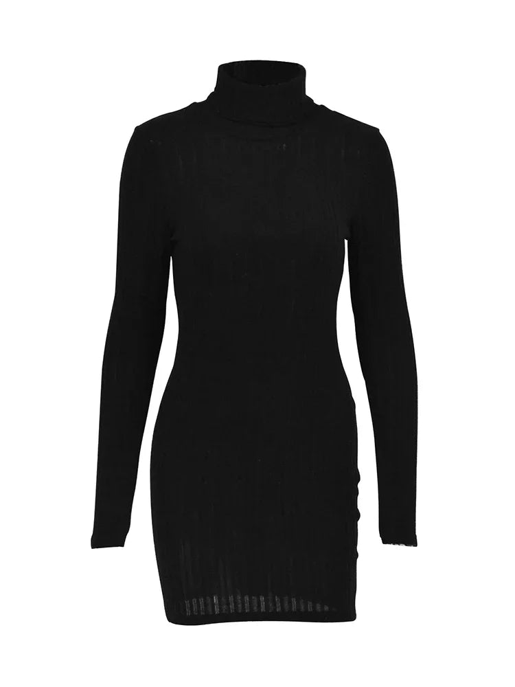 WARMMETA 2024 Y2k Sexy Black Mini Dress Women Alt Urtleneck Long Sleeves Sheath Dress Elegant Casual Solid Party Dresses Female