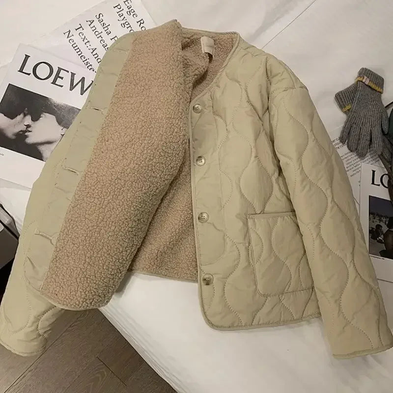 warmmeta 2 Women cotton jacket khaki color lamb wool cotton jacket plush thickened round neck single breasted minimalist jacket