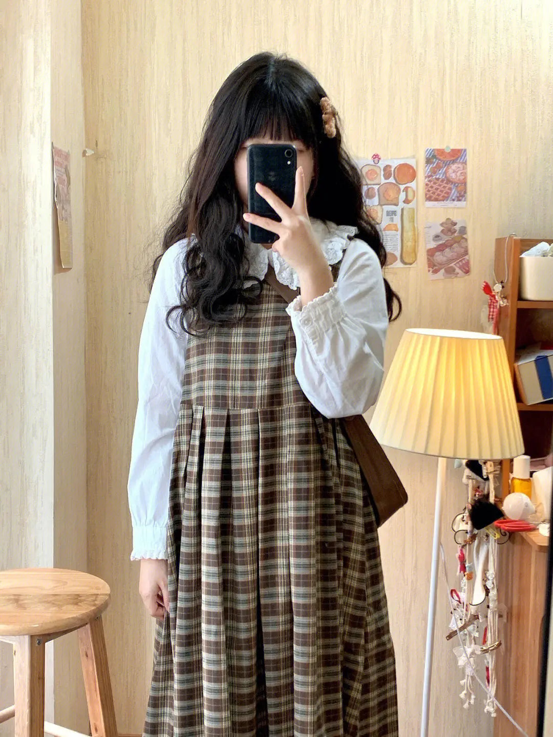 Cozy Treehouse Plaid Dark Academia Pinafore Dress