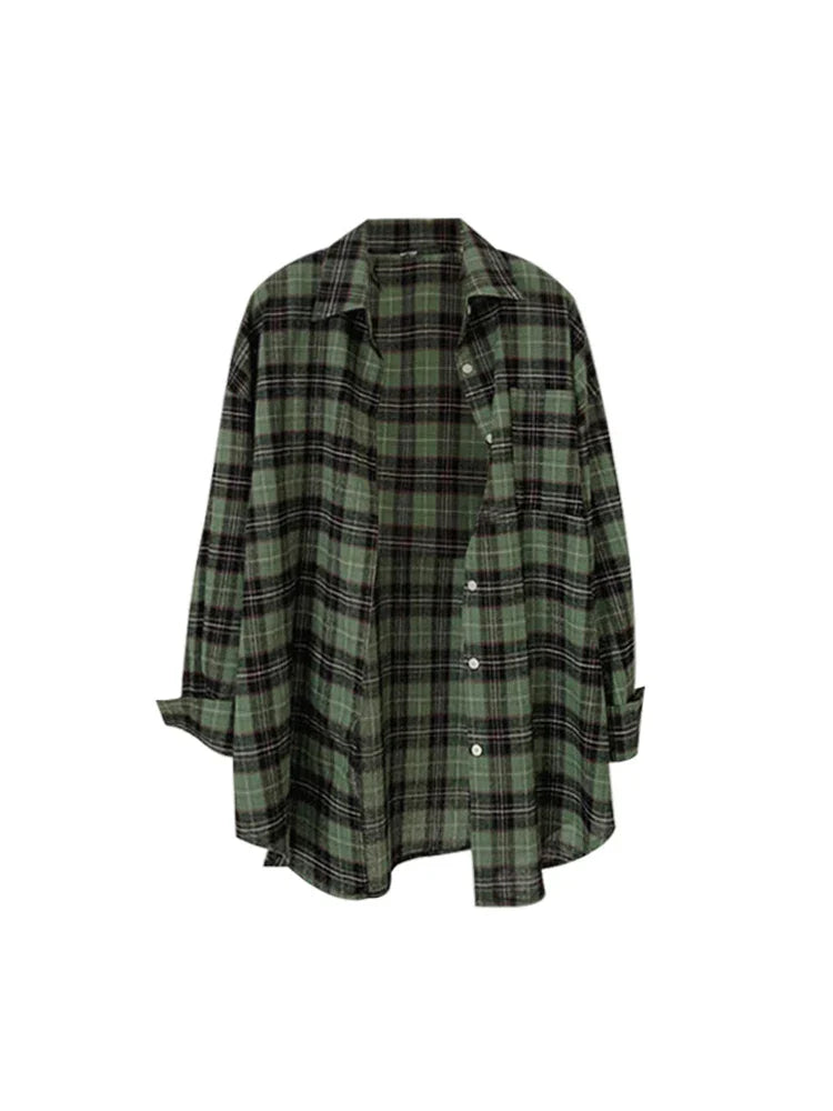 warmmeta-Retro Classic Plaid Design Women Baggy Shirt Turn-down Collar Long Sleeve Female Blouses Spring Summer BF Vintage Oversize Chic