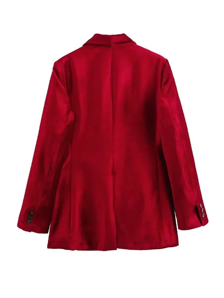 Spring Blazers Woman 2025 Trendy Red Turn Down Collar Long Sleeves Pockets Decorate Single Button Female Jacket Coats