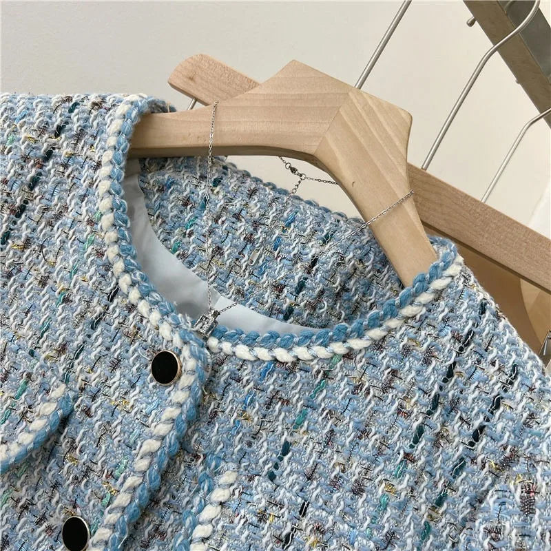 2024 Autumn Winter New Blue Tweed Knitted Coat Women's French Style Overcoat Small Fragrant Style Outwear Suit Top Short Jacket