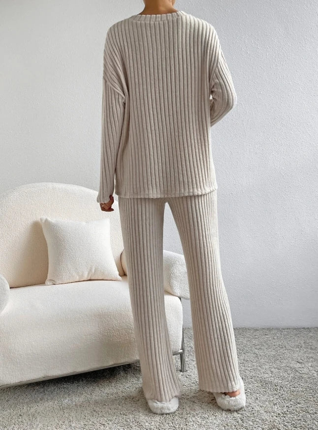 warmmeta Casual Sets for Women 2 Pieces Autumn New Loungewear Loose V-Neck Long Sleeve Top and Pit Strip Knitted Straight Pants Suit