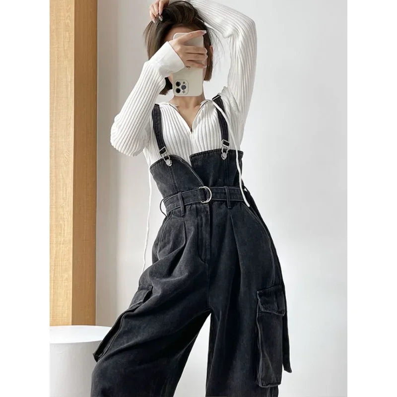 Denim Jumpsuits Women High Waisted Cargo Trousers American Streetwear Teens Hipsters Pure Big Pockets Vintage Jean Wholesale