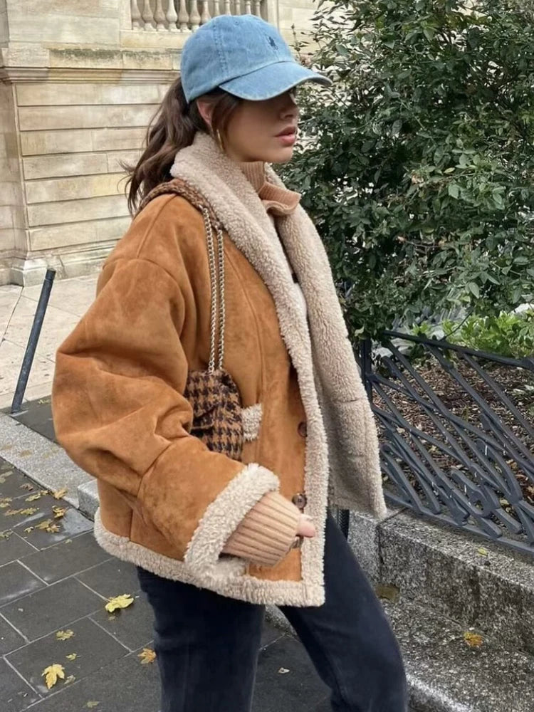 Y2K TRAF Suede Lamb Wool Jackets for Women 2024 Winter Loose Coat Female Chic Single-breasted with Pockets Lapel Outerwear Coats