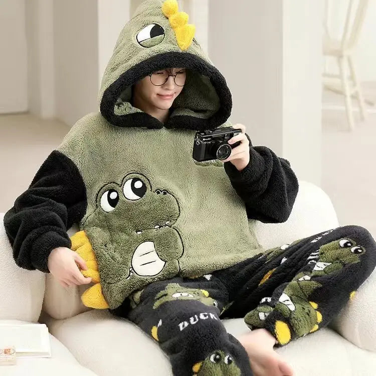 Autumn Winter Homewear Coral Fleece Men Pajamas Thick Fur Flannel Cartoon Male Loungewear Sets Plus-size Loungewear Suit Pyjamas