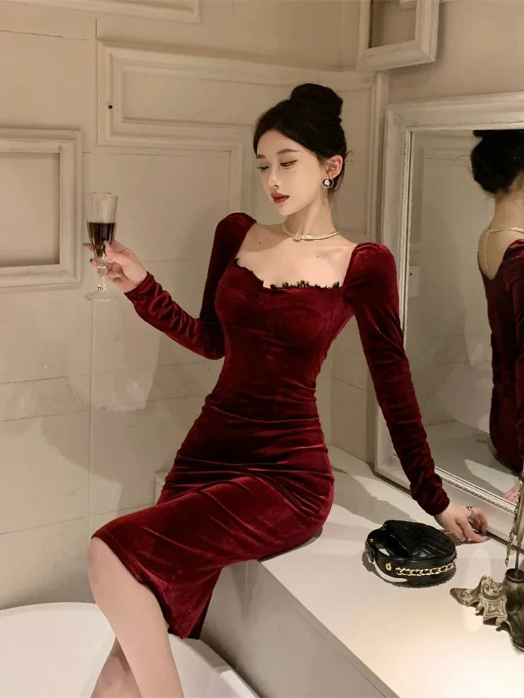 WARMMETA Autumn Winter Dresses Women Elegant Sexy Square Collar Slim Long Sleeve Vintage Velvet Dress Female French Style Chic