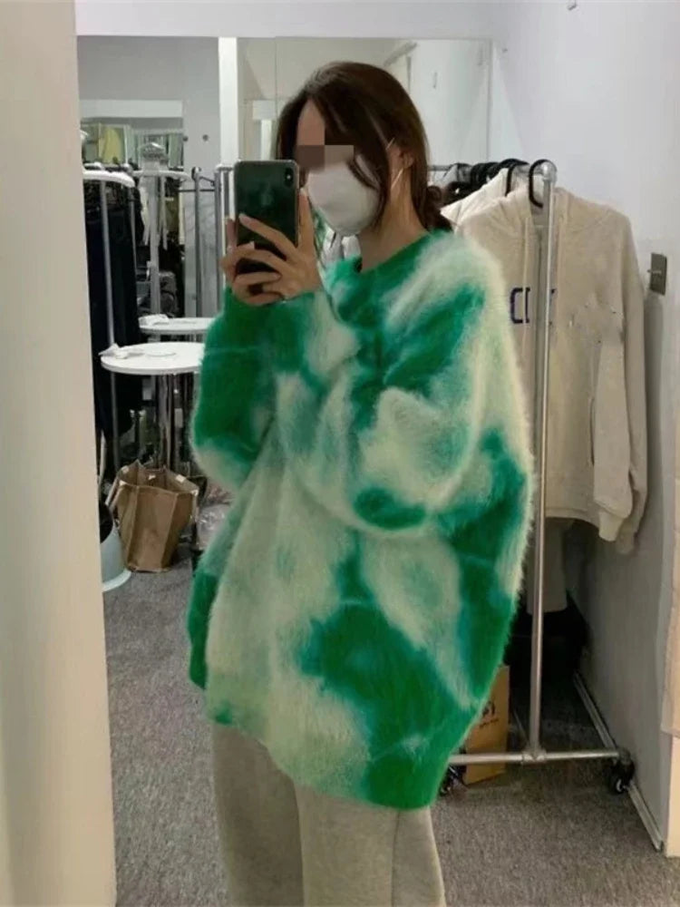 Women Sweater Autumn Winter Tie Dyed Korean Edition Contrast Color Casual Lazy Round Neck Loose Knitted Coat Women's Clothing