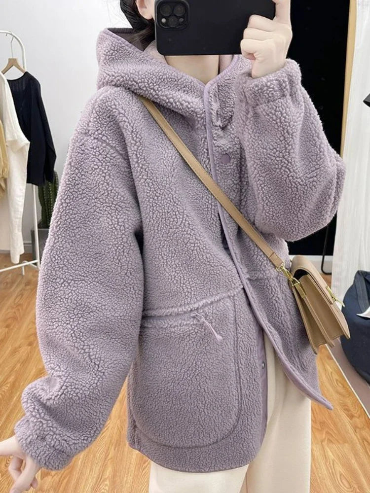 warmmeta New Korean Fashion Jacket Women Autumn/Winter Single Breasted Hooded Imitation Lamb Wool Top Vintage Thick Coat Women Clothing