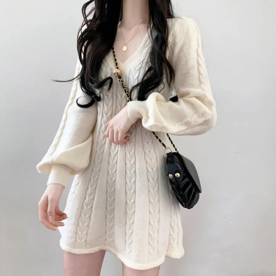 QWEEK Knit Knitted Sweater Mini Dress Women Casual Lantern Sleeve Short Dresses 2023 Autumn Winter V-neck Outfits Female