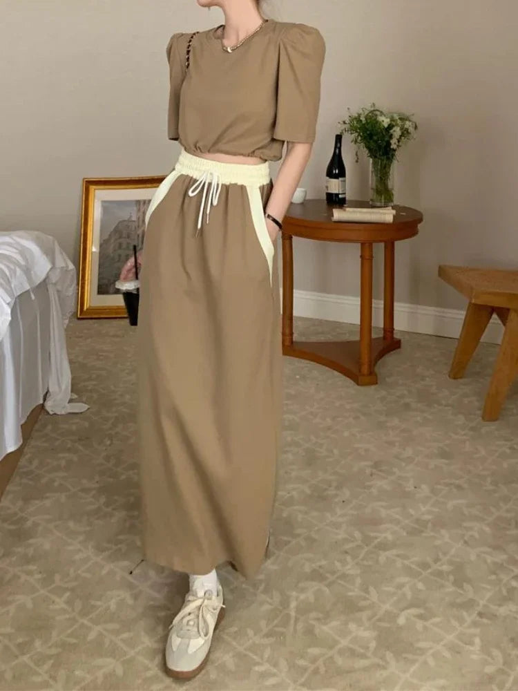 Two-piece Suit New in Fashion Elegant O-neck Puff Sleeve Top Button Pockets Elasticity High Waist Long Dress Women's 2-piece Set